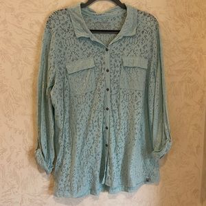 Eddie Bauer Light Blue Eyelet Button Down Blouse Size 2XL